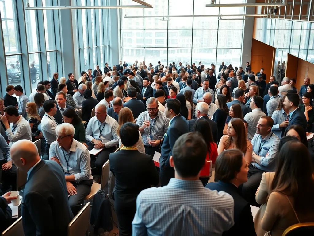 Conference hall with attendees and speaker on stage